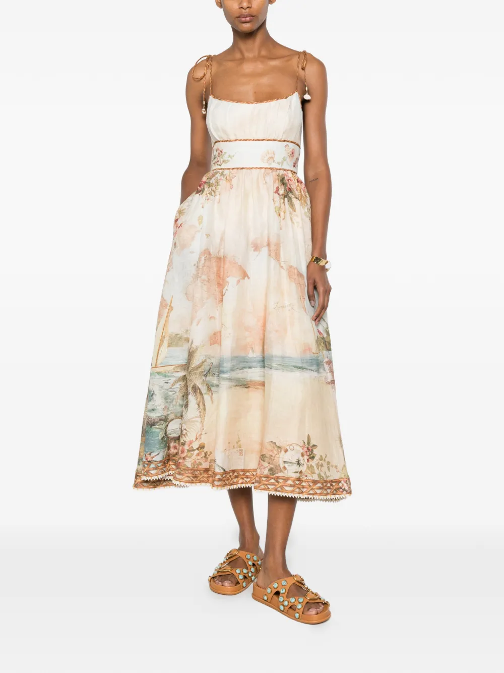 ZIMMERMANN Jurk met gestrikt bandje en print Beige