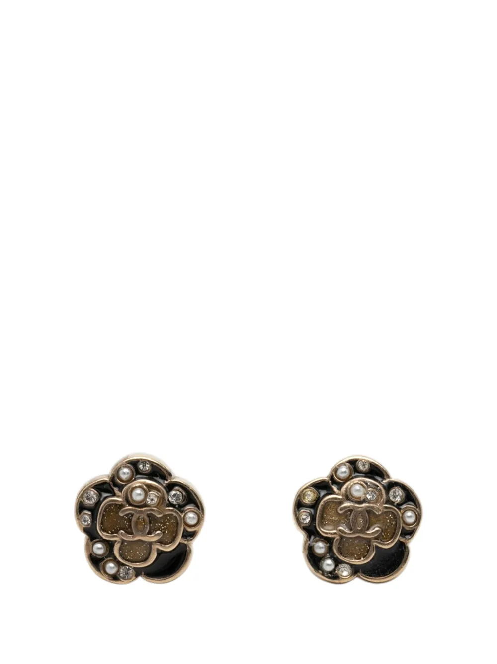 CHANEL Pre-Owned 2007 CC Brass Enamel Faux Pearl and Strass Flower Earrings costume earrings - Black
