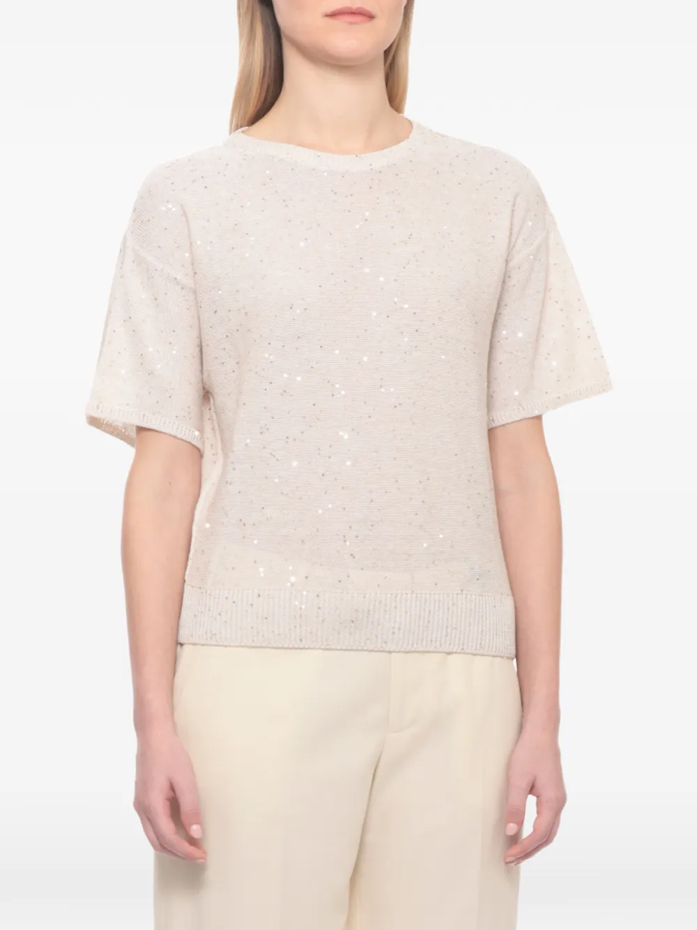 Antonelli Sequin-embellished Short-sleeve Sweater In Neutral