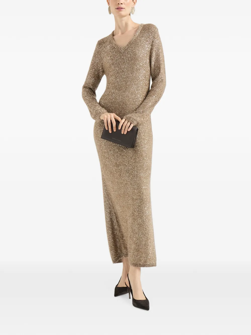 Brunello Cucinelli Mohair and Wool Dazzling Texture Knit Dress with Monili in Gold, view 2