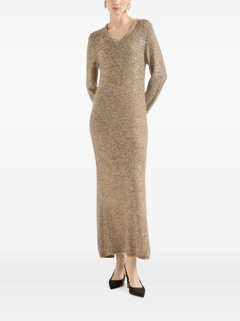 Brunello Cucinelli Mohair and Wool Dazzling Texture Knit Dress with Monili in Gold, view 3
