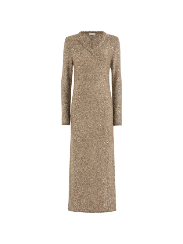 Brunello Cucinelli Mohair and Wool Dazzling Texture Knit Dress with Monili in Gold