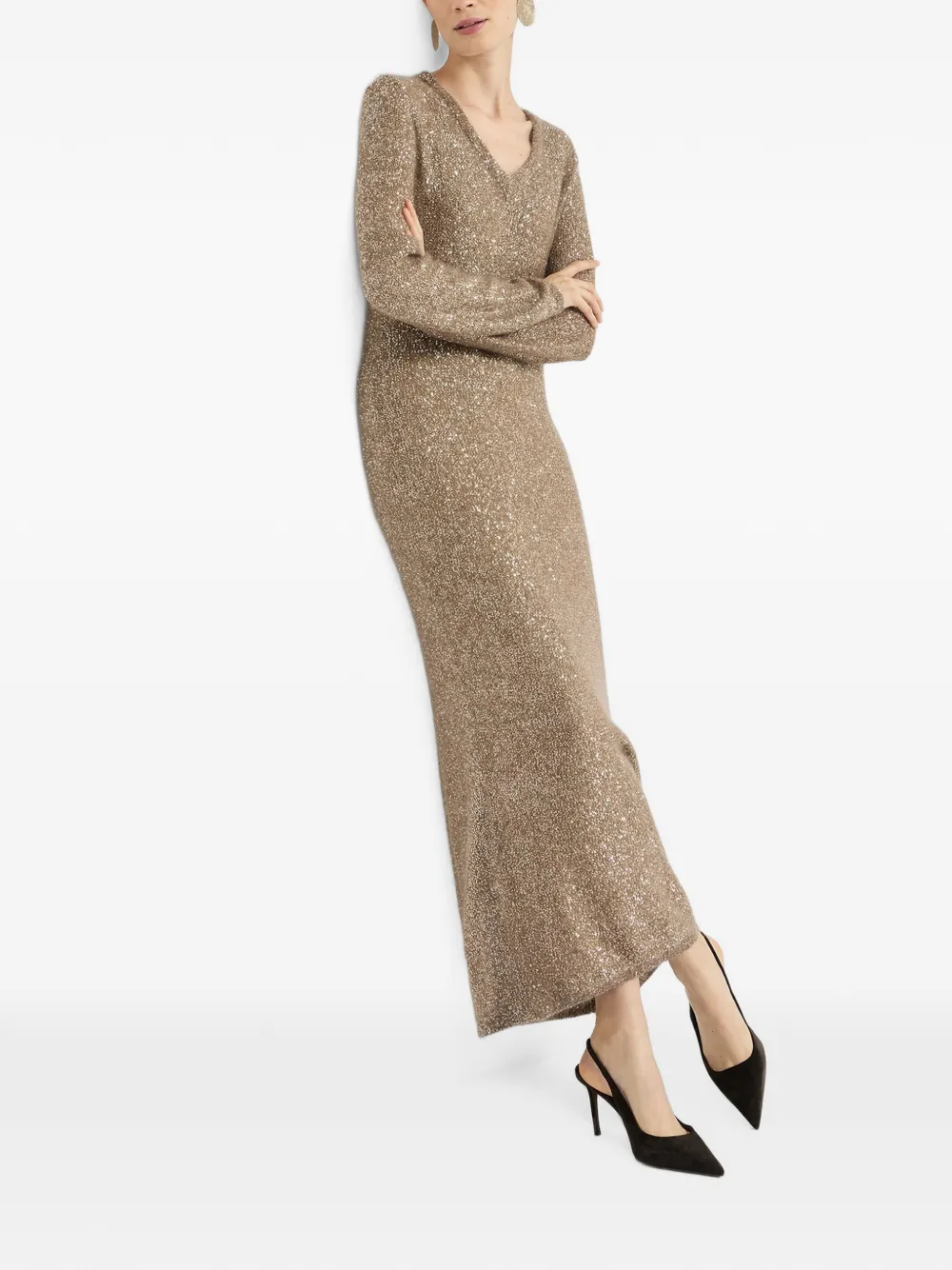 Brunello Cucinelli Mohair and Wool Dazzling Texture Knit Dress with Monili in Gold, view 4