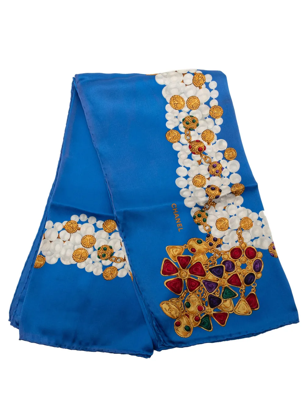 CHANEL Pre-Owned 1980-1990 Pearls and Gripoix Printed Silk Scarf 90 scarves - Blu