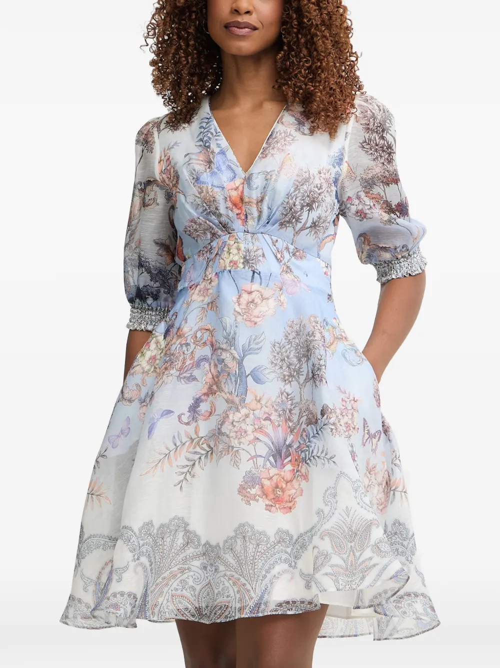 Hale Bob Kaeli floral-print paisley-border mini dress Blauw