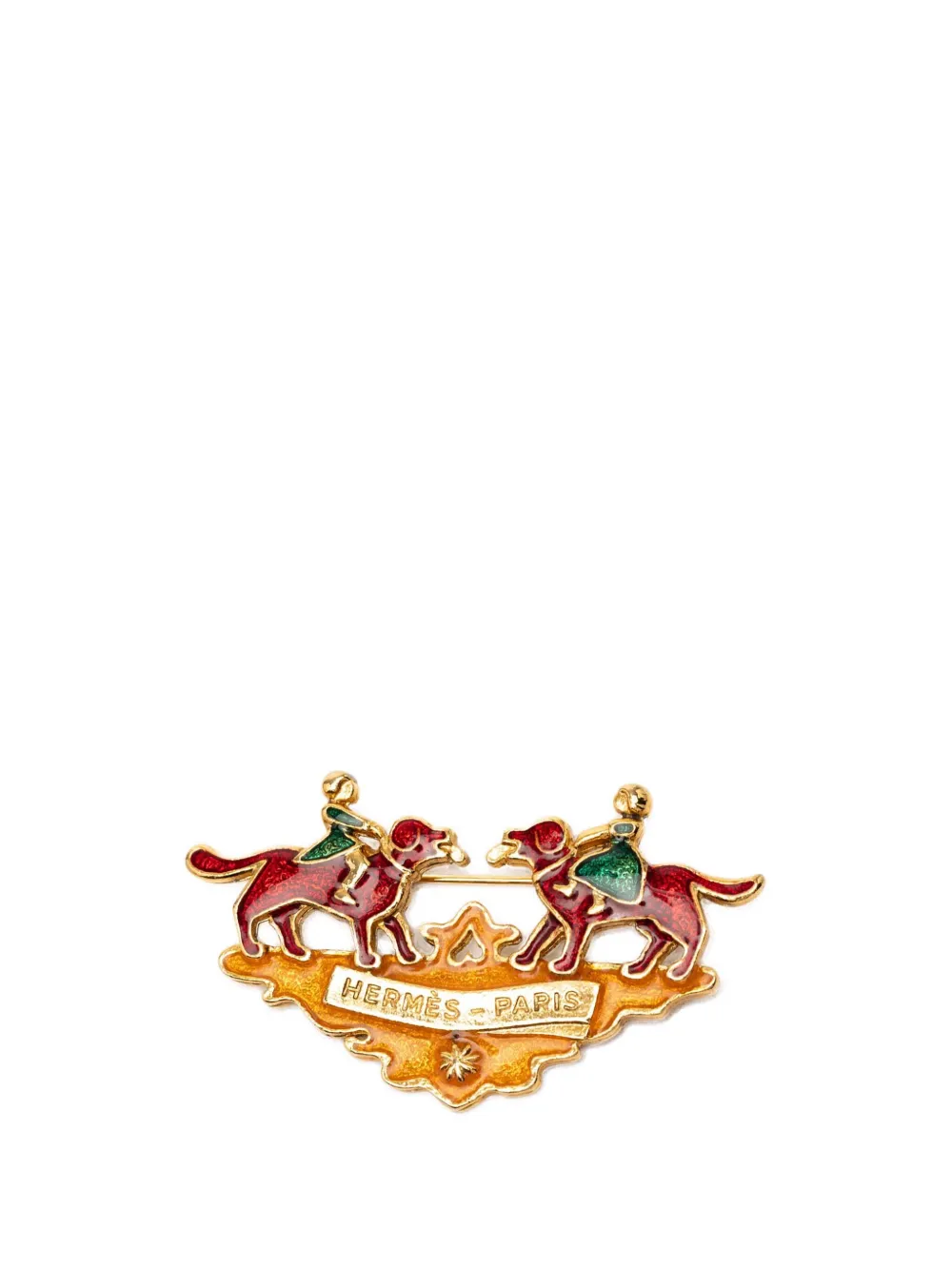 Pre-owned Hermes 1990-2010 Gold Plated Enamel Children And Dogs Brooch Costume Brooch