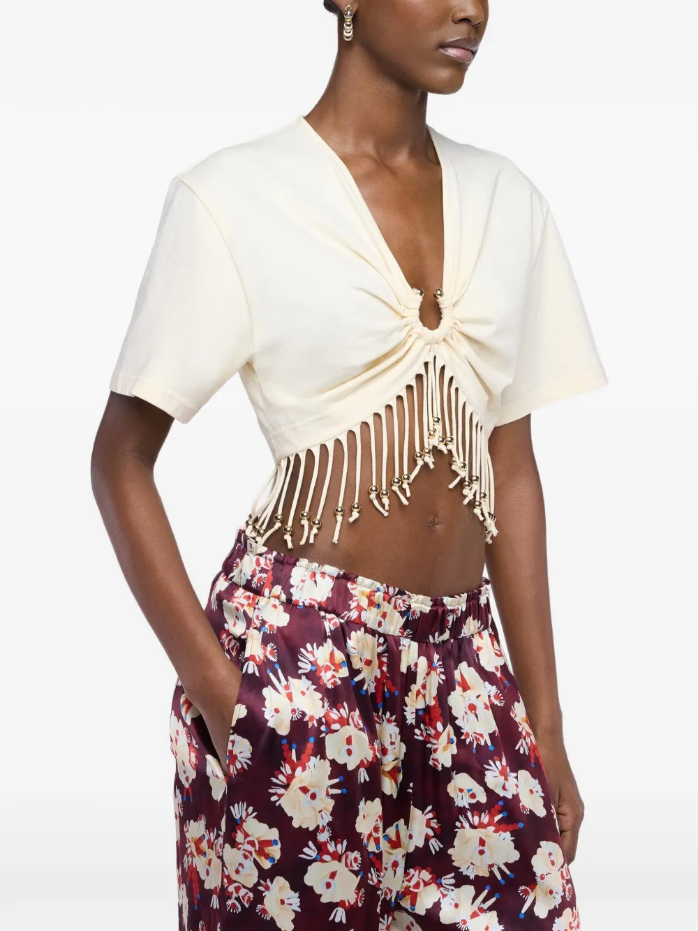 Rabanne cream cotton crop top with beaded fringe details