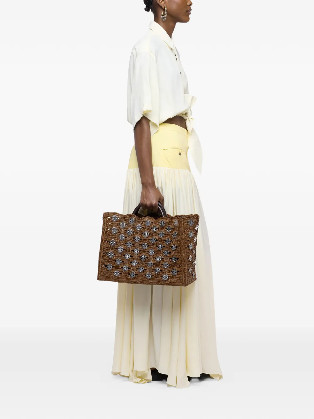 Rabanne Grote shopper in donkerbruine raffia met zilveren Signature 1969 Discs