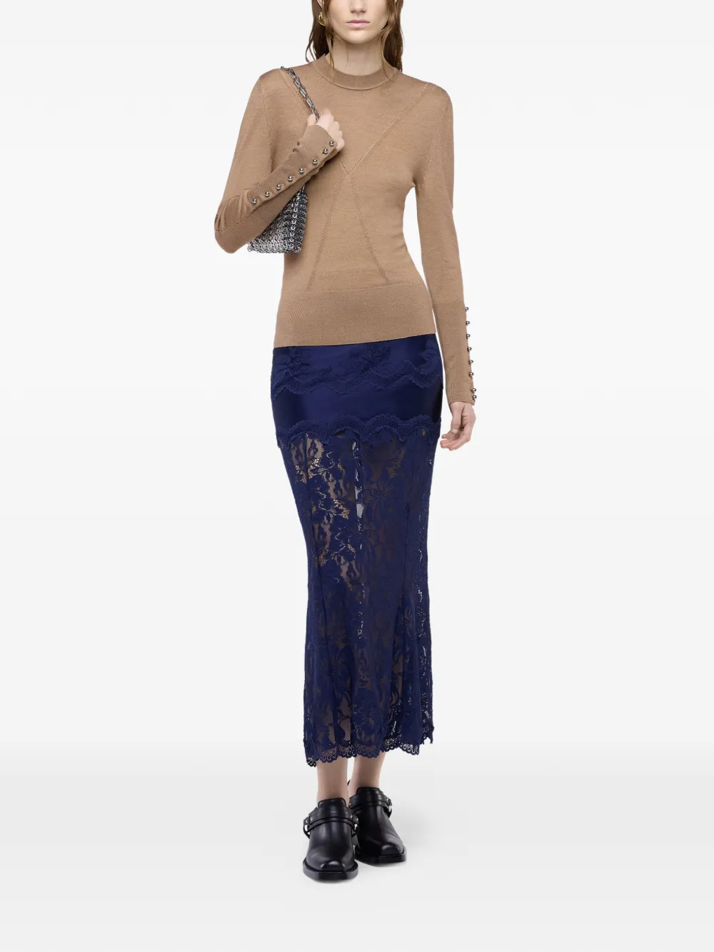 Rabanne Jersey midi-rok met kanten vlakken Blauw
