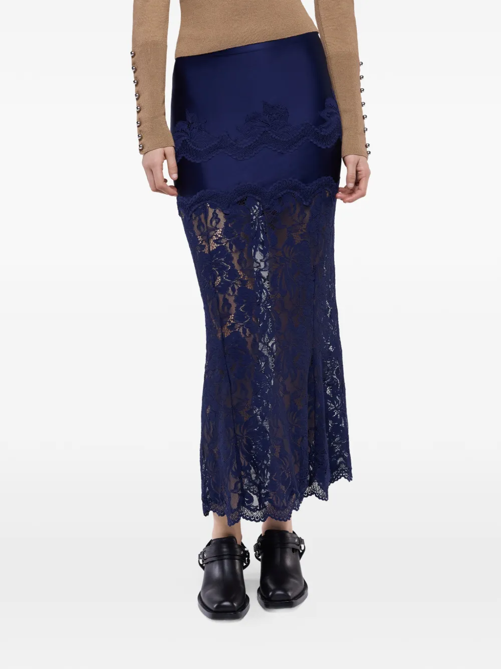 Rabanne Jersey midi-rok met kanten vlakken Blauw