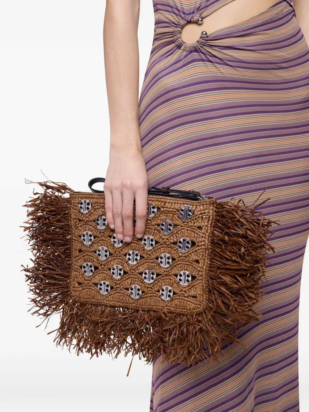 Rabanne 1969 raffia clutch met franje Bruin
