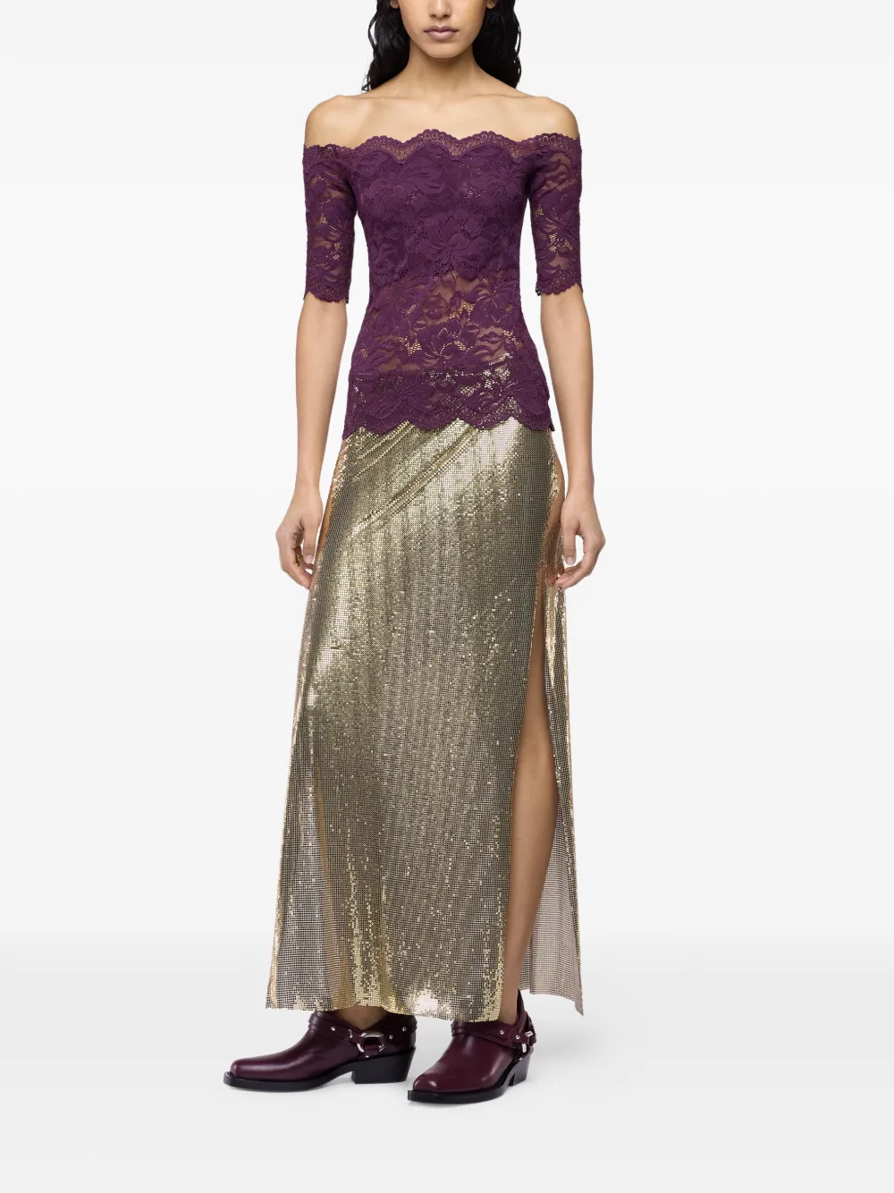 Rabanne Metallic maxi-rok met mesh Beige