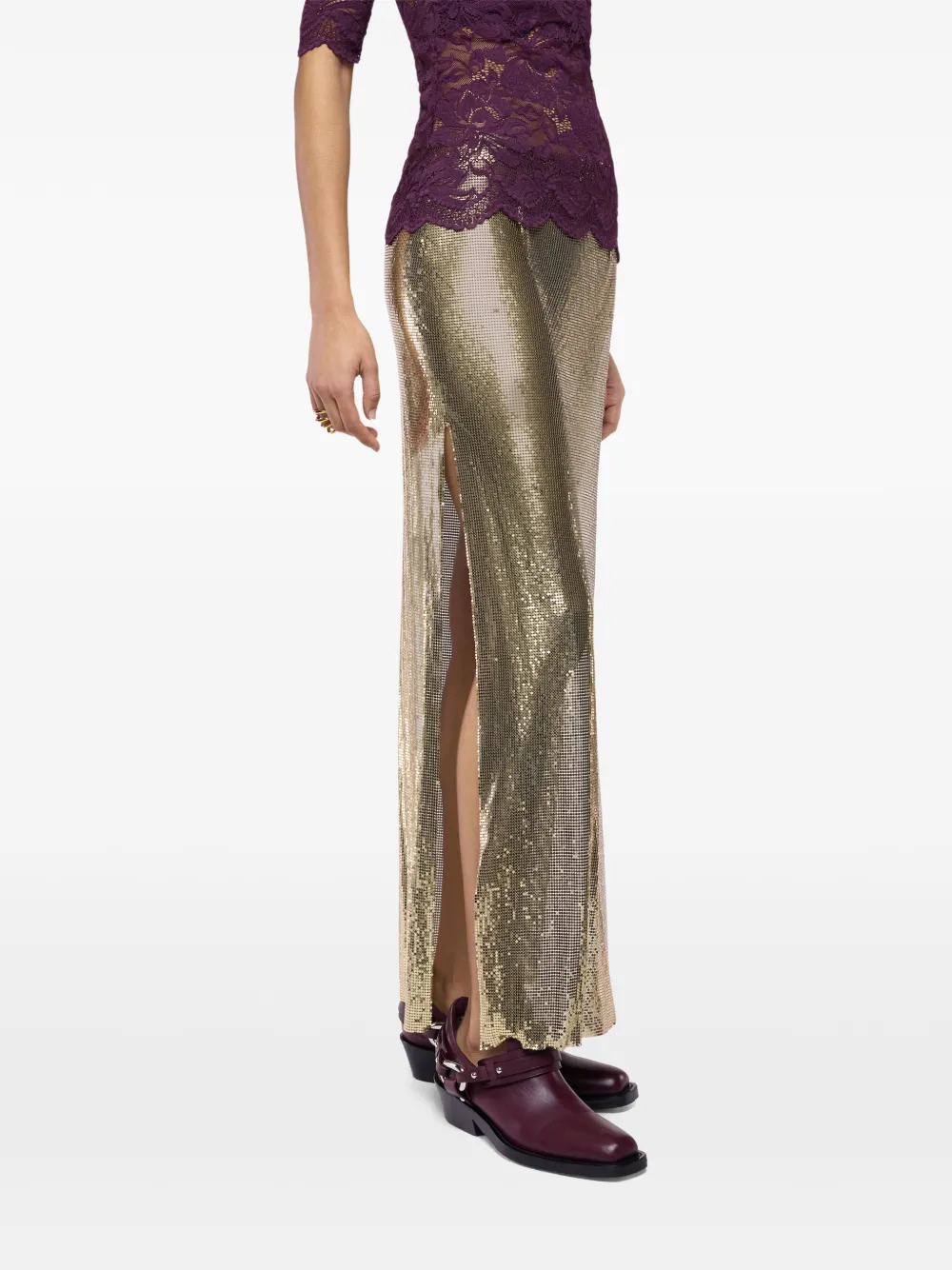 Rabanne Metallic maxi-rok met mesh Beige