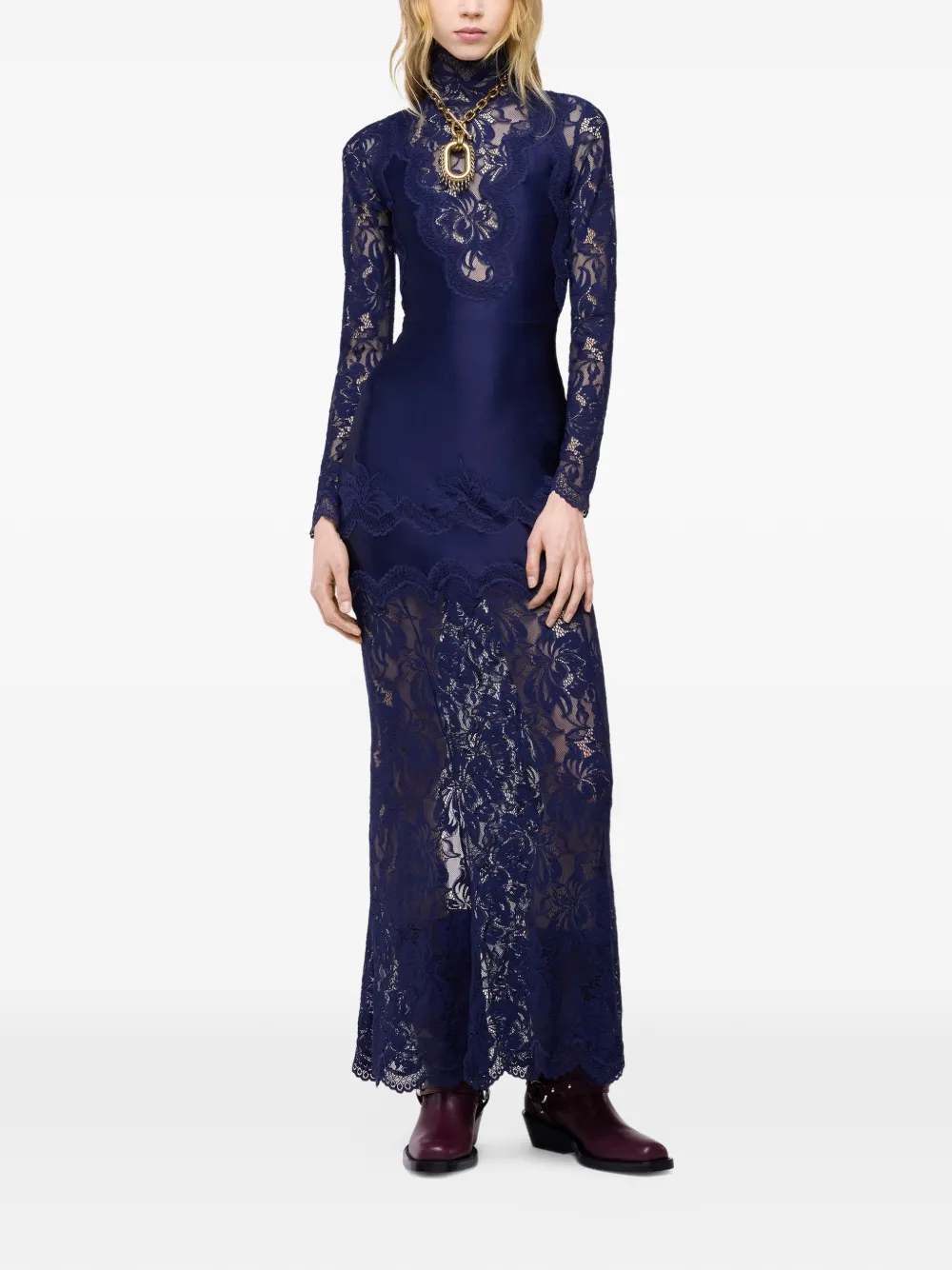 Rabanne Maxi-jurk met vlakken van kant en hoge hals Blauw