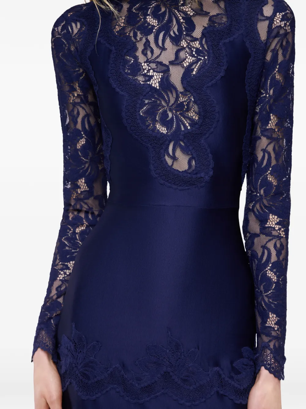 Rabanne Maxi-jurk met vlakken van kant en hoge hals Blauw