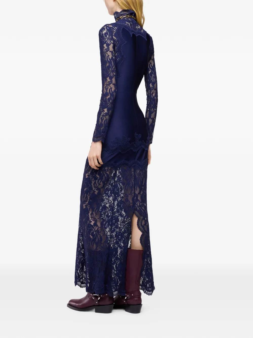 Rabanne Maxi-jurk met vlakken van kant en hoge hals Blauw