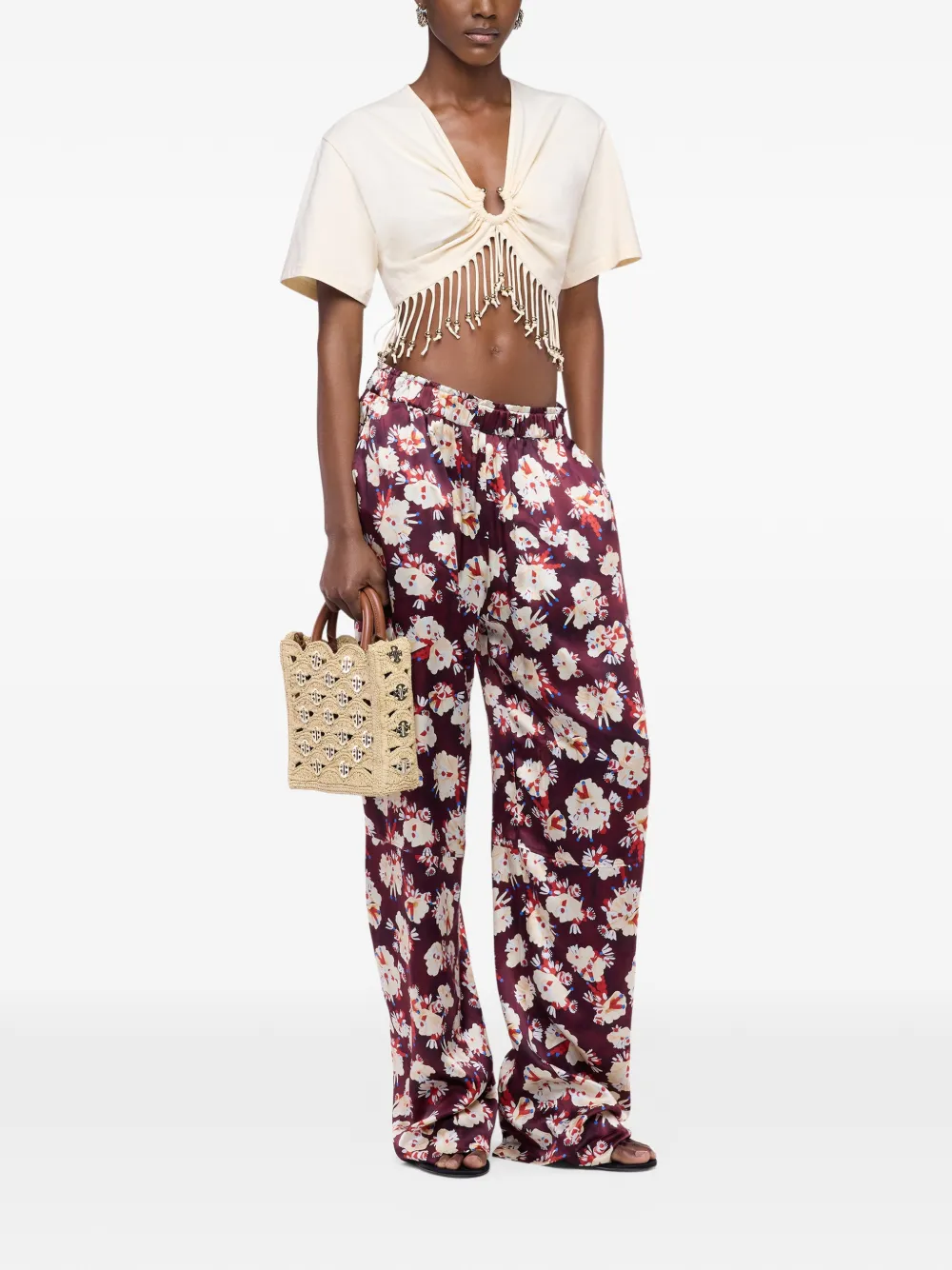 Rabanne Floral-patterned Silk Trousers in Red, view 2