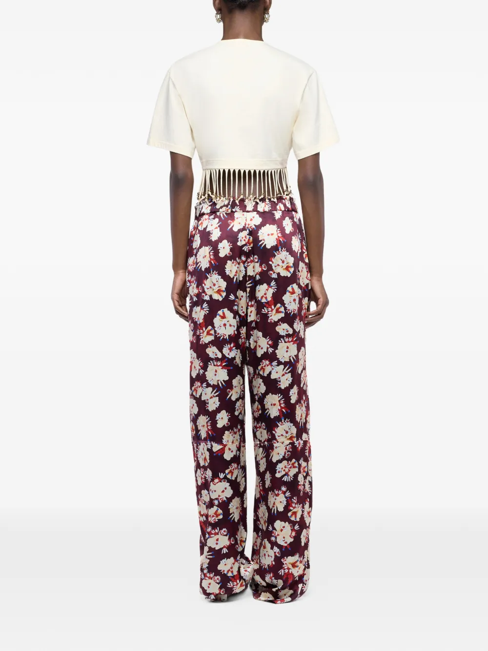Rabanne Floral-patterned Silk Trousers in Red, view 3