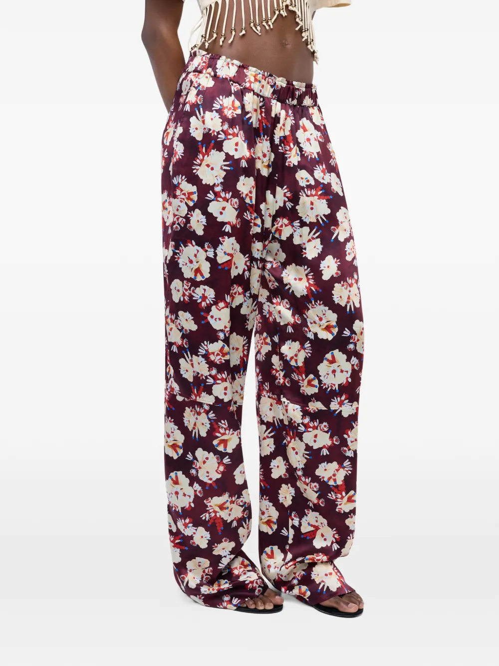 Rabanne Floral-patterned Silk Trousers in Red, view 4