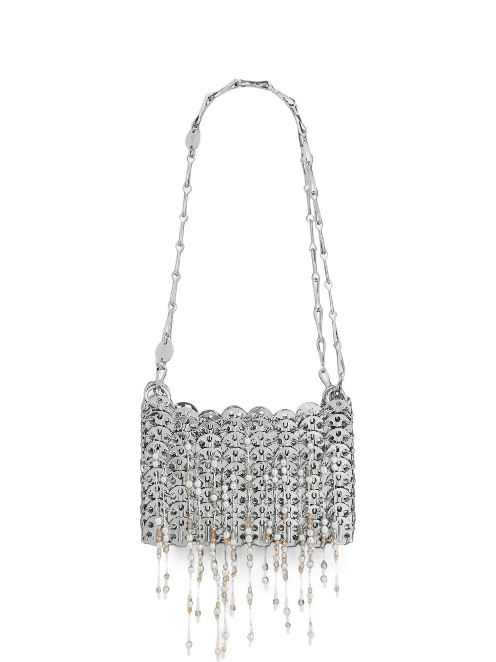Rabanne 1969 Nano silver bag with pearl fringes