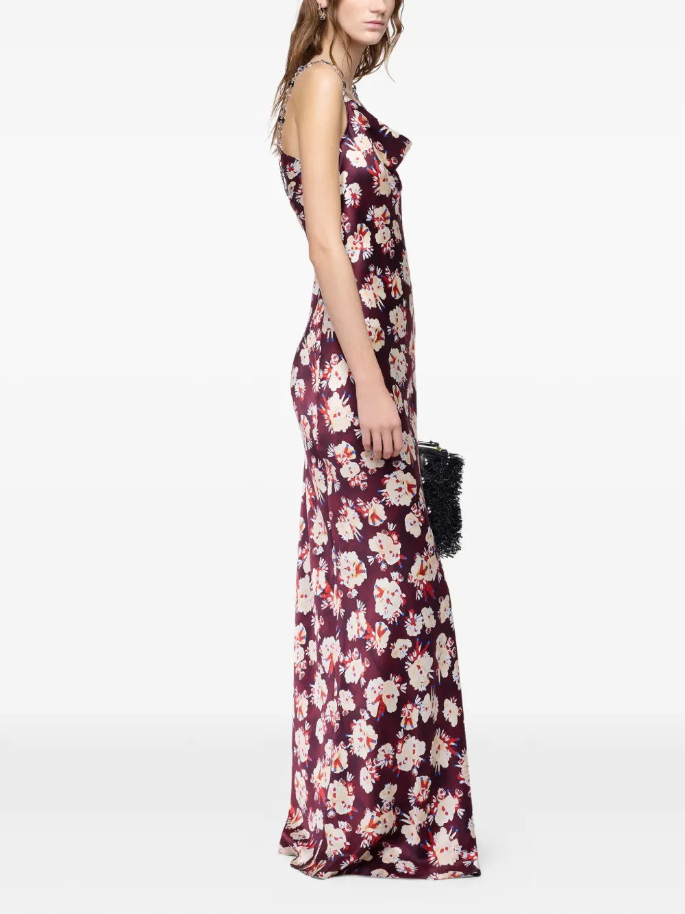 Rabanne Magenta maxi-jurk met bloemen-patroon van satijnen zijde Rood