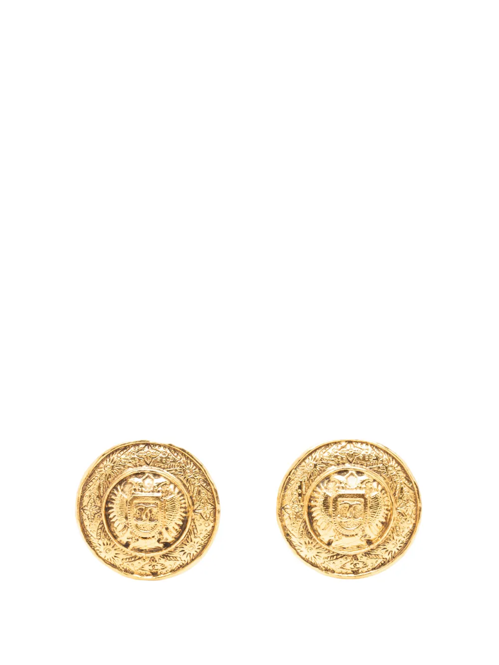 CHANEL Pre-Owned 1970-1980 CC Gold Plated Crest Round Clip On Earrings costume earrings