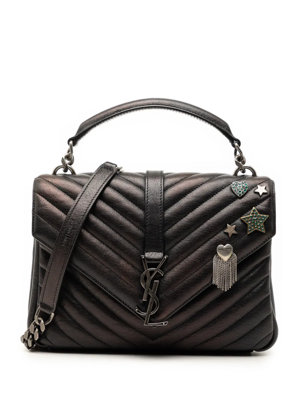 Saint Laurent Pre-Owned 2017 Medium Metallic Chevron Sheepskin Monogram College Pins satchel - Nero