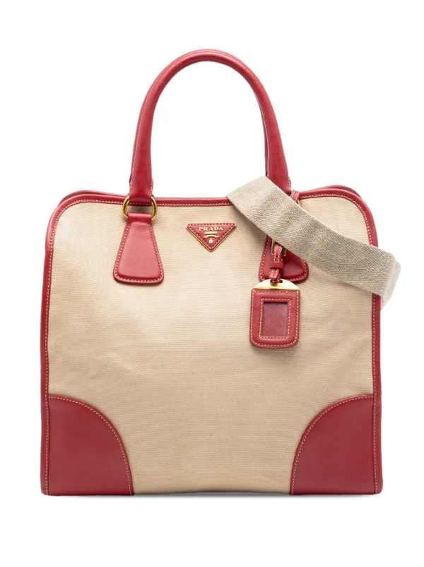 Prada Pre-owned 2013-2026 Saffiano Trimmed Canvas Canapa Satchel in Red
