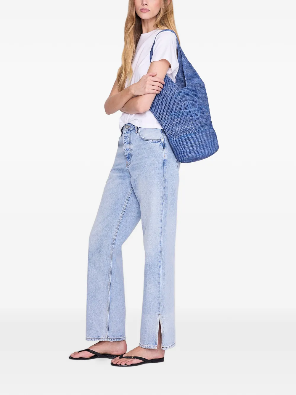 ANINE BING Leah raffia shopper met logo Blauw