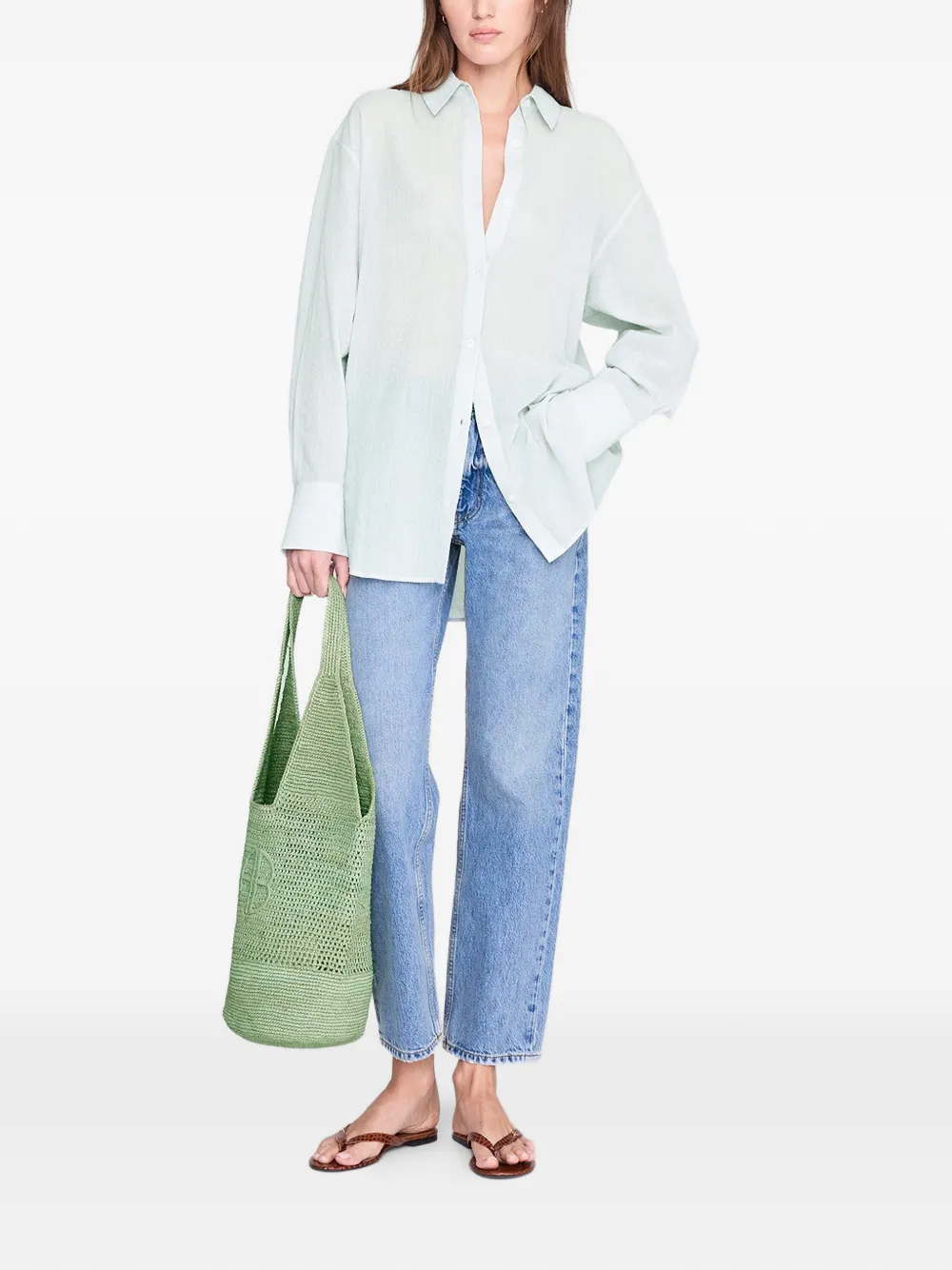 ANINE BING Leah raffia shopper met logo Groen