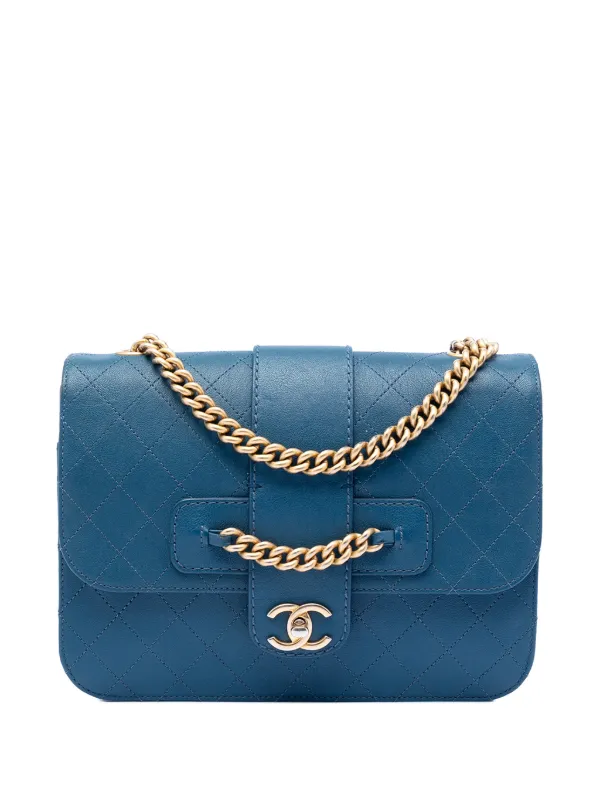 Chanel Pre-owned 2017-2018 Large Quilted Sheepskin Front Chain Flap Crossbody Bag in Blue