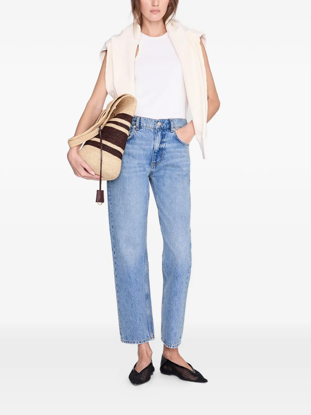 ANINE BING Leah gestreepte raffia shopper Beige