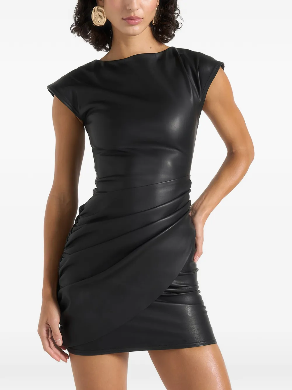 Manière De Voir Tina leren jurk met boothals en ruches Zwart
