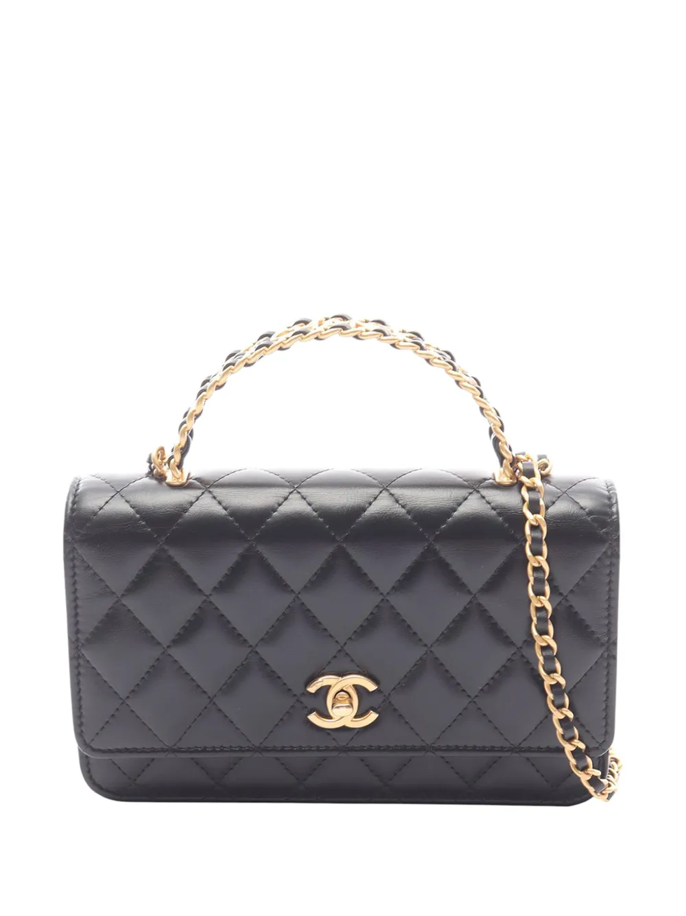 CHANEL Pre-Owned 2021-2026 Quilted Lambskin Logo Top Handle Wallet On Chain satchel - Nero