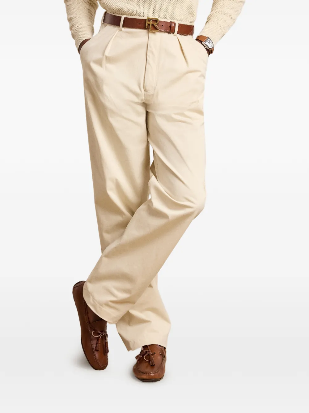 Ralph Lauren Purple Label Broek met suède afwerking en geplooide voorkant Beige