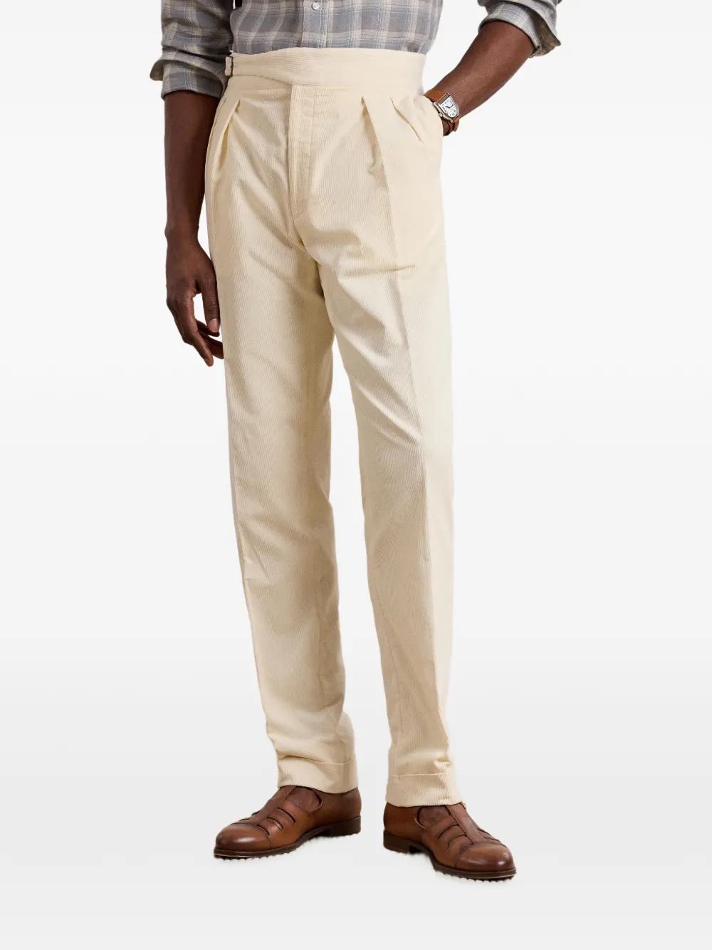 Ralph Lauren Purple Label Ribfluwelen plooibroek met gesptaille Beige