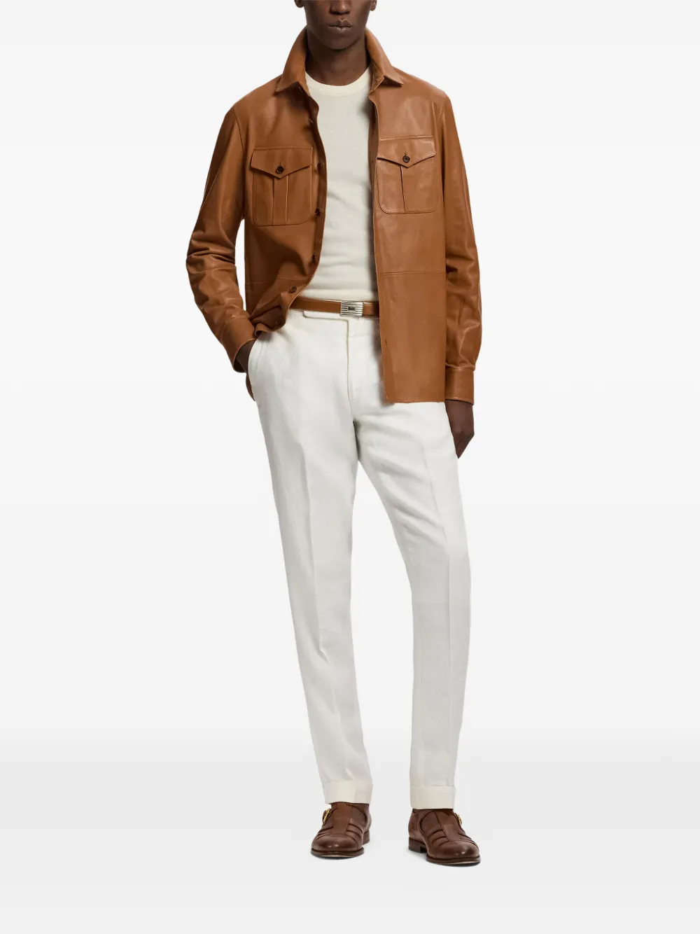 Ralph Lauren Purple Label Purple Label leren shirtjack met cargo zak Bruin