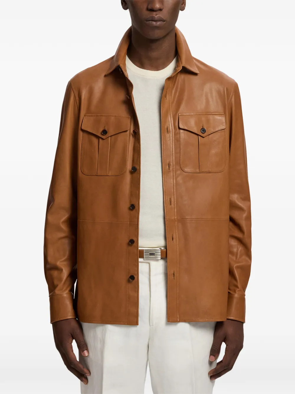 Ralph Lauren Purple Label Purple Label leren shirtjack met cargo zak Bruin
