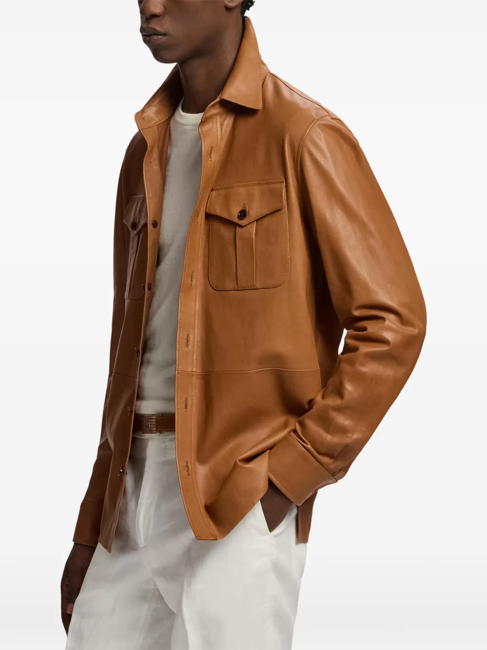 Ralph Lauren Purple Label Purple Label leren shirtjack met cargo zak Bruin