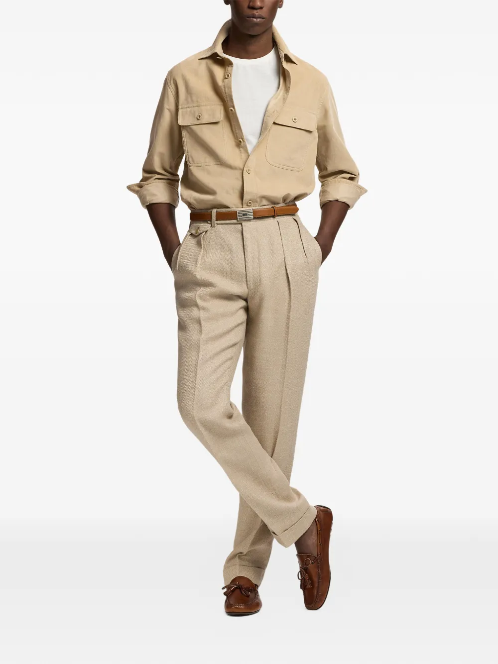 Ralph Lauren Purple Label Button-down overhemd met ribfluwelen textuur Beige