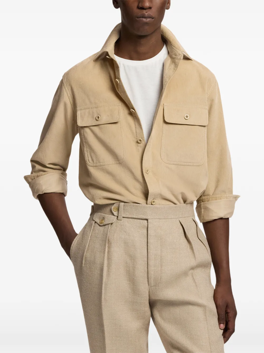 Ralph Lauren Purple Label Button-down overhemd met ribfluwelen textuur Beige