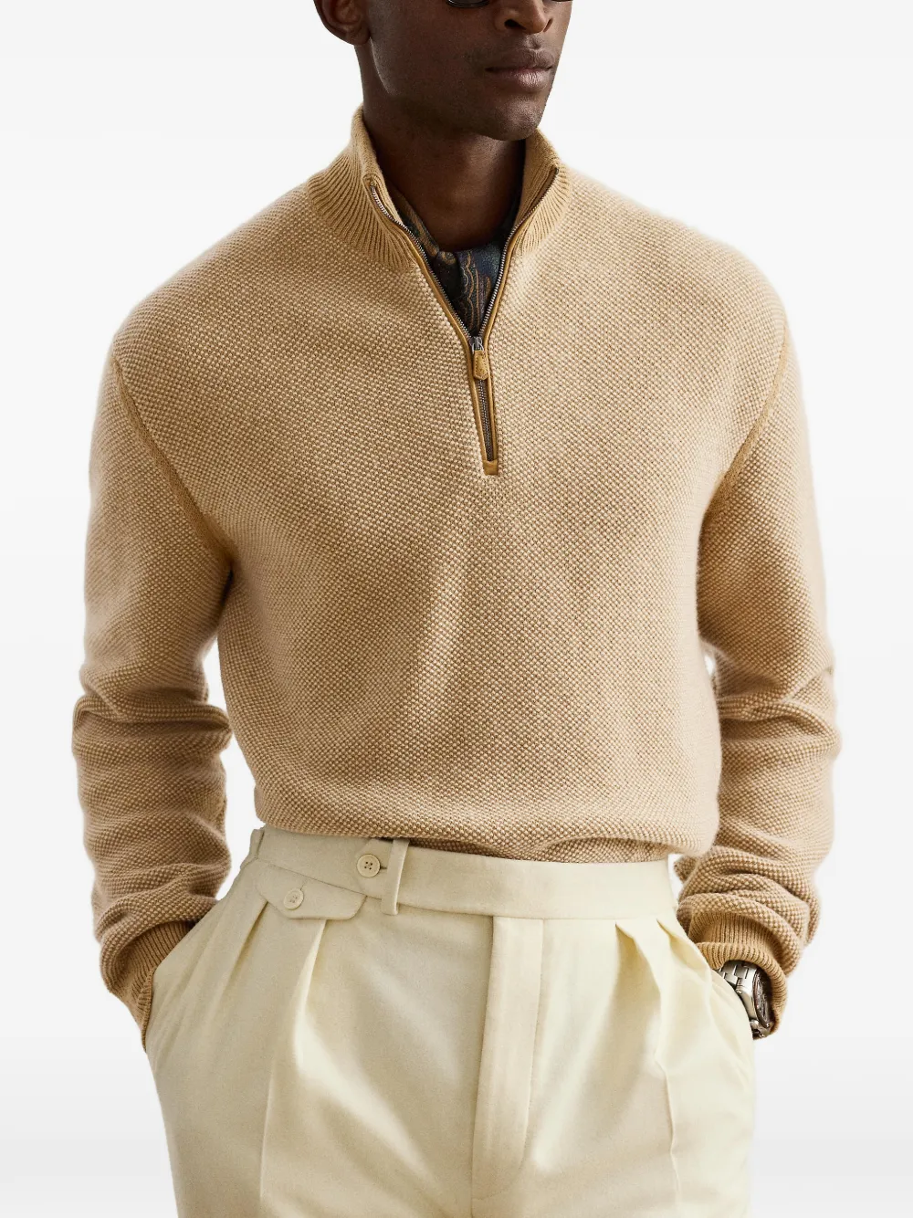 Ralph Lauren Purple Label Trui met kwartrits en textuur Beige