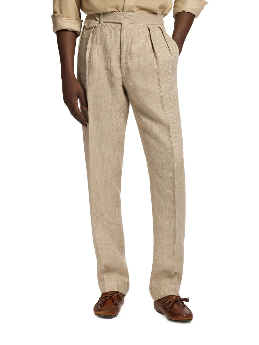 Ralph Lauren Purple Label Gregory plooibroek met visgraat-patroon Beige