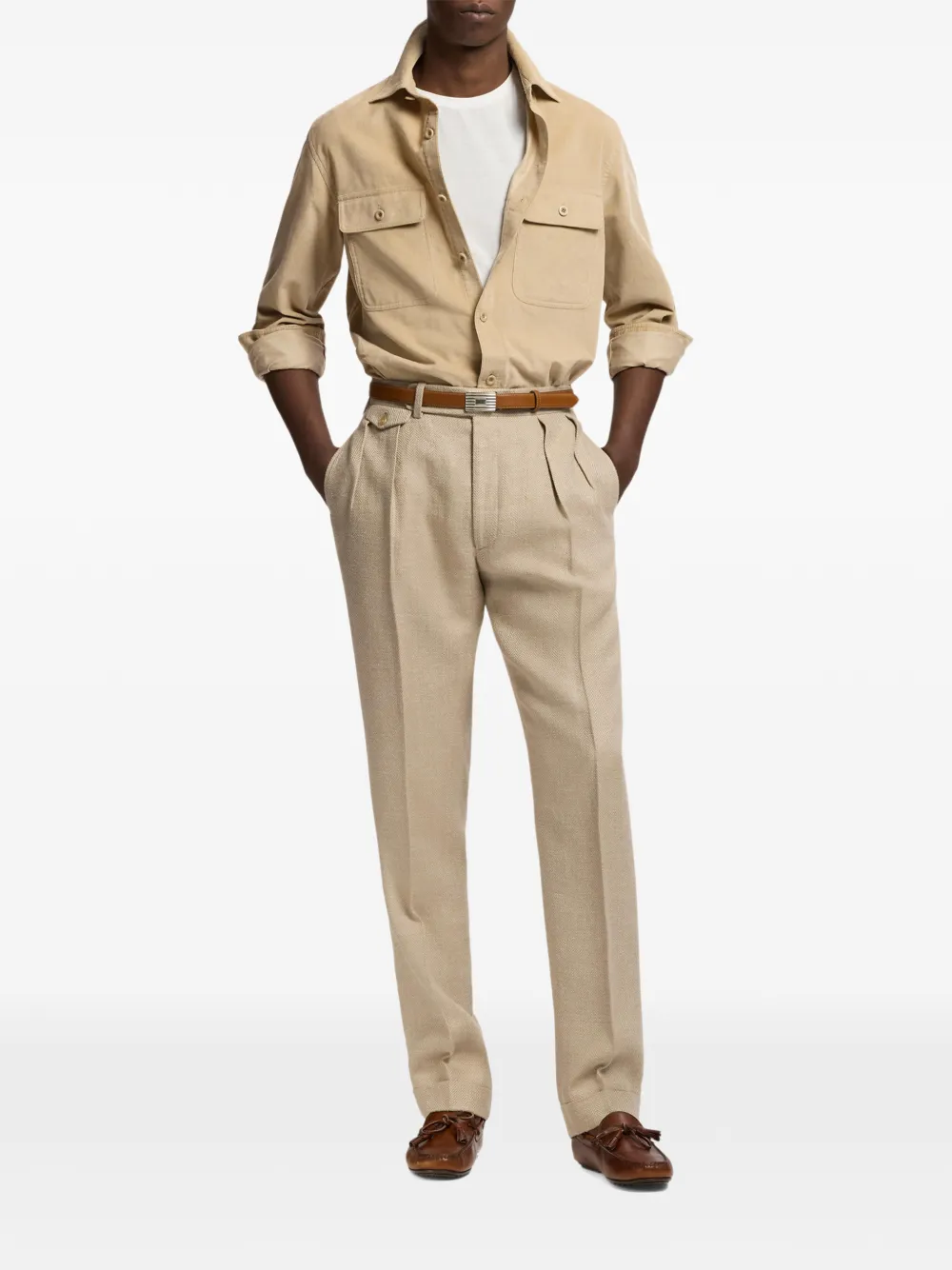 Ralph Lauren Purple Label Gregory plooibroek met visgraat-patroon Beige
