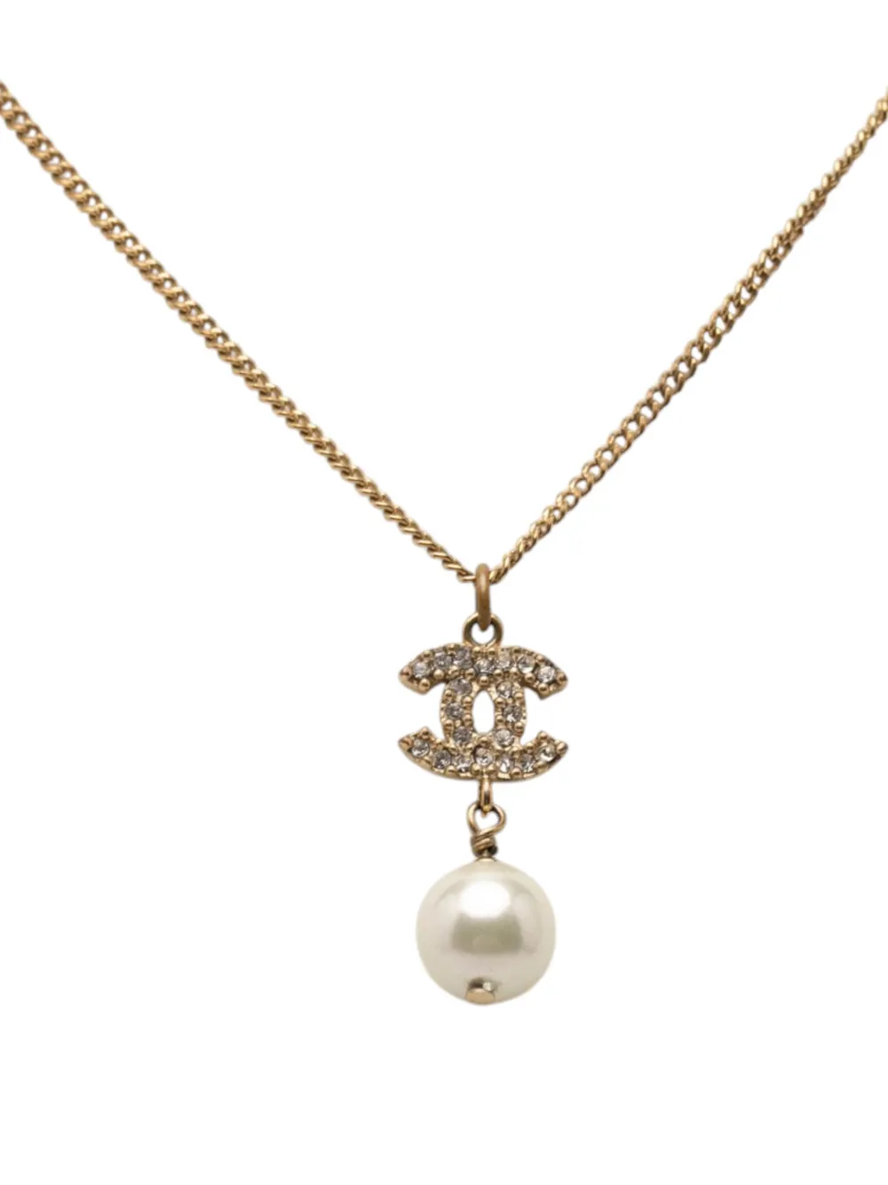  Chanel Pre-owned Collier Fantaisie En Plaqué Or à Pendentif Cc à Strass Avec Perle Artificielle (2011) 