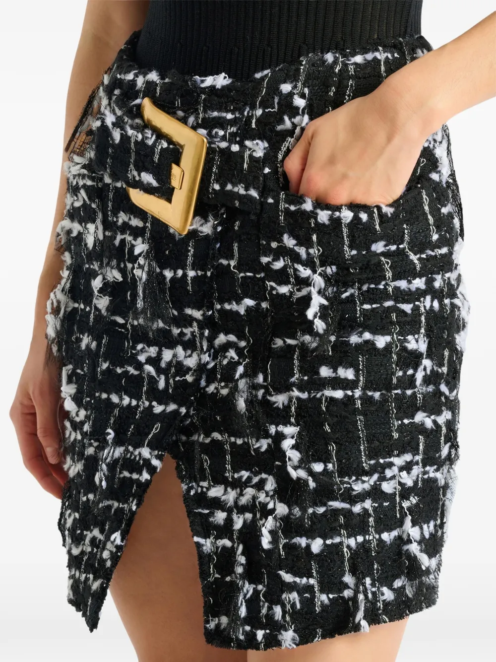 Balmain Tweed rok met franje en ceintuur Zwart