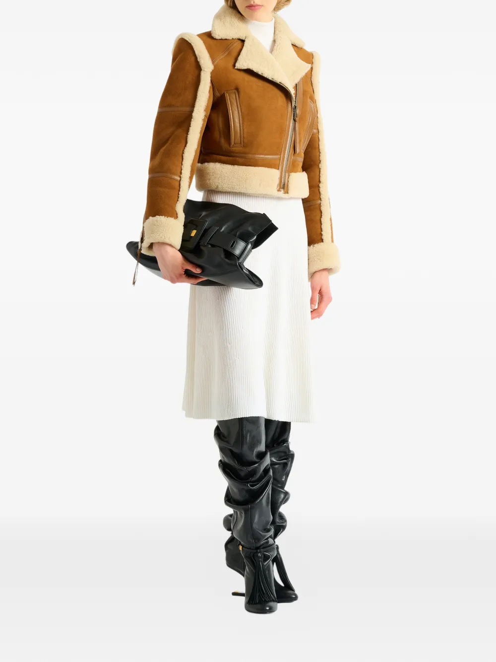 Balmain Shearling Biker Jacket In Brown