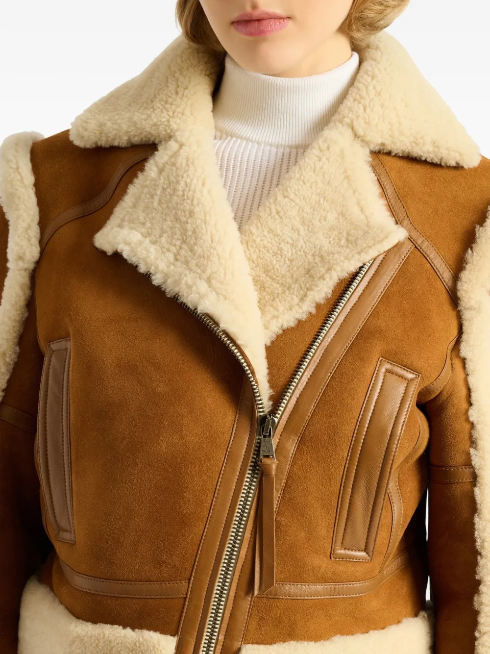 Balmain Shearling Biker Jacket In Brown
