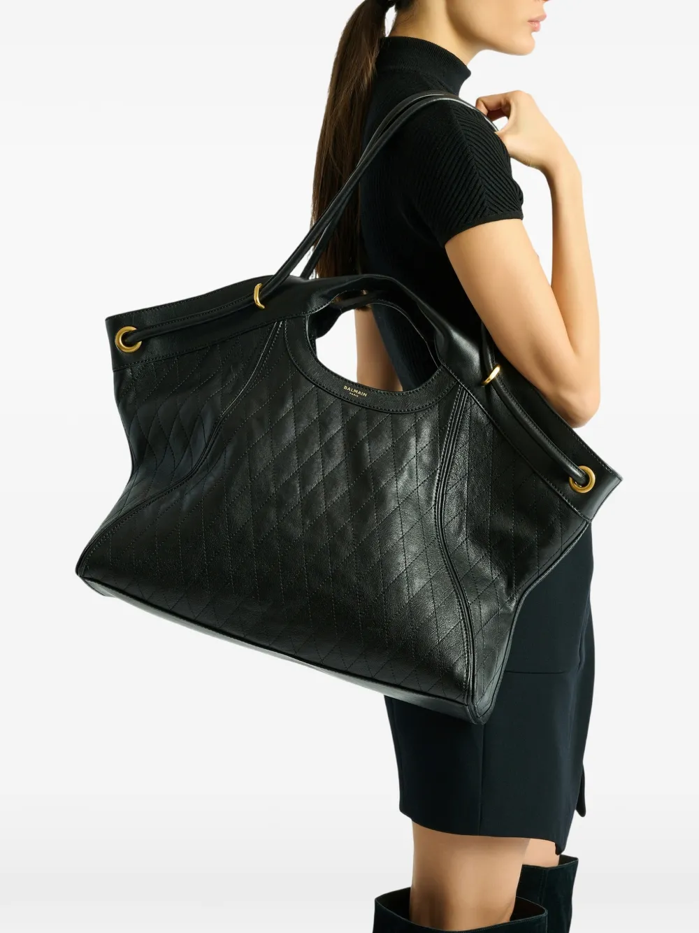 Balmain Grote shopper van leer met stiksels Zwart