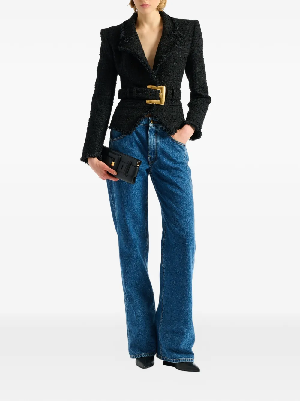 Balmain Tailored Jacket Belted Waist Gold Tone Buckle In Black